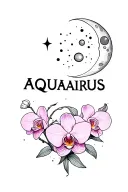 aquarius text, moon and orchid , little star wars aurebesh world beetween tattoo design idea