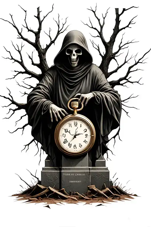 grim reaper broken stopwatch dead trees gravestone tattoo design idea