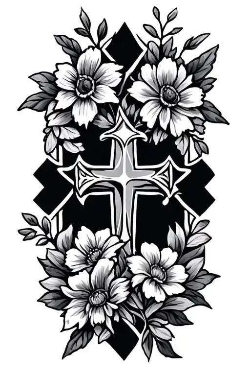 stencil for a  cross and flowers for the birth months of January,February,April,august,September, Octob tattoo design idea