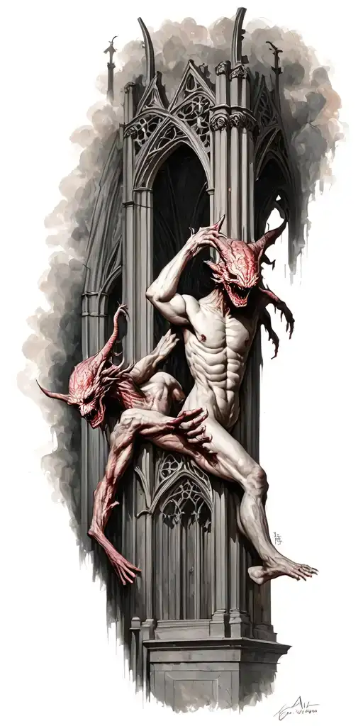 demons trapped in a cathedral realism tattoo design idea