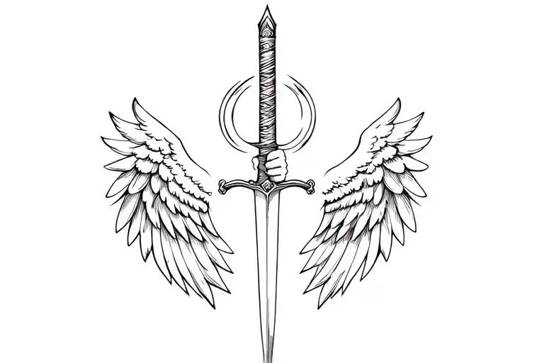 angel wings holding sword tattoo design idea