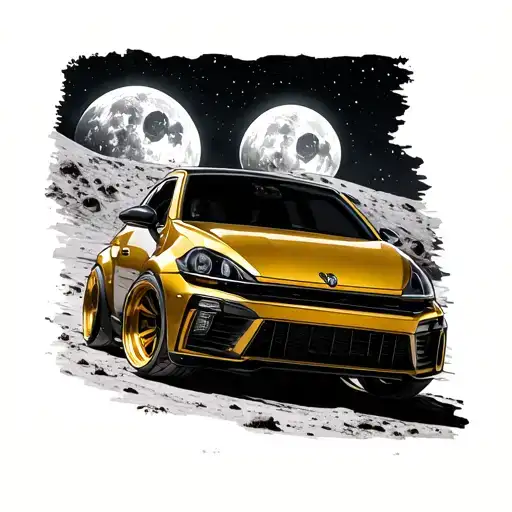 a gold scirocco mk1 bbs rims on the moon with pemela anderson on de hood tattoo design idea