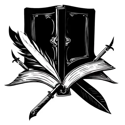 Open book with a closed book underneath with a writers quill and two daggers elegant tattoo design idea
