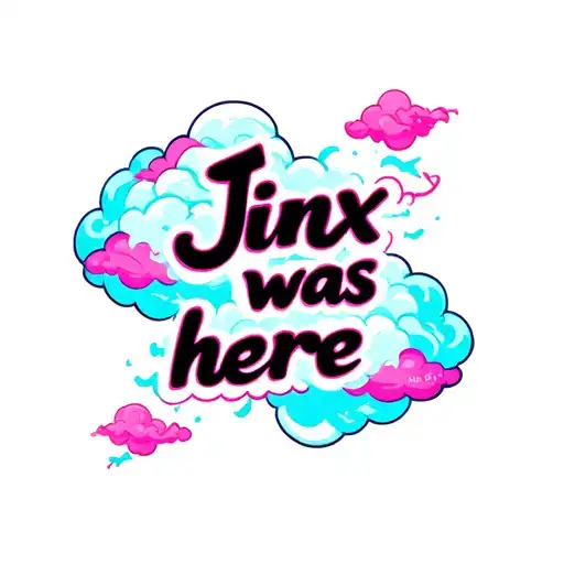 text 'Jinx was here' in graffiti style with pink and blue colors, surrounded by cloud tattoos from Jinx from Arcane tattoo design idea