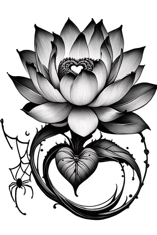 lotus flower and spider web with a heart in the center tattoo design idea