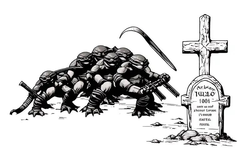 The tattoo depicts 3 ninja turtles and one grave (all tightly together) in blackwork tattoo design idea