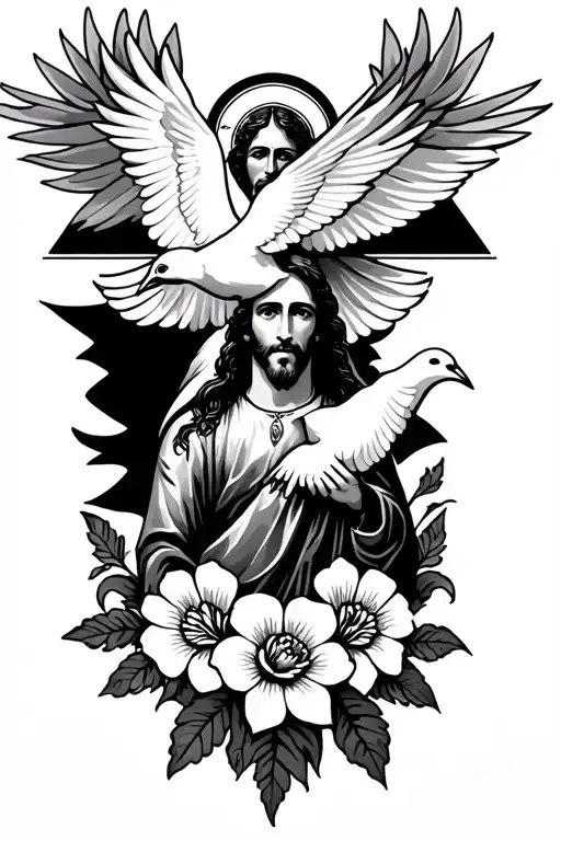san judas tadeo with a dove and flowers underneath tattoo design idea