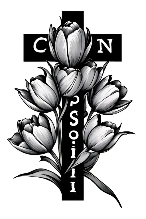 a cross with word compassion on the horizontal side. instead of an i in compassion, a semicolon. wrap around 7 tulips tattoo design idea