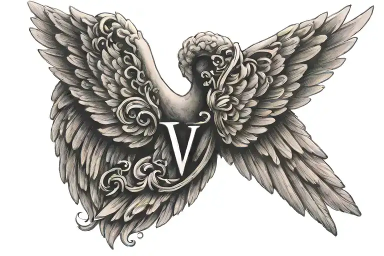 angel wings with letter V tattoo design idea