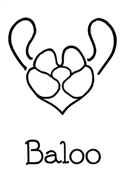 the name Baloo fine line tattoo that goes into a dog paw and heart tattoo design idea