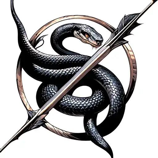 a bow arrow with a black mamba snake around it tattoo design idea