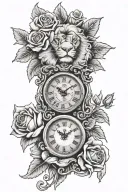 small clock with roses with jeremiah 29:11 verse along with a lion tattoo design idea