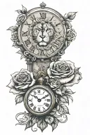 small clock with roses with jeremiah 29:11 verse along with a lion tattoo design idea