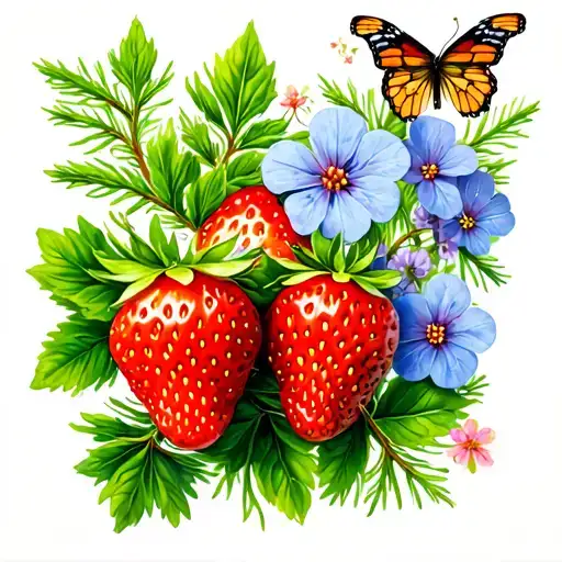 Medium -sized tattoos include images of a spruce branch, oregano flowers, strawberries, clover and butterflies Packed eye tattoo design idea