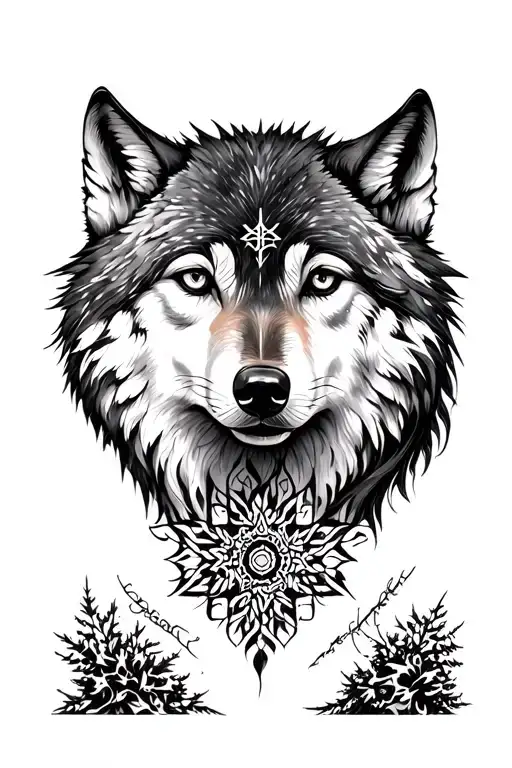 woman nordic 2 wolves tattoo design idea