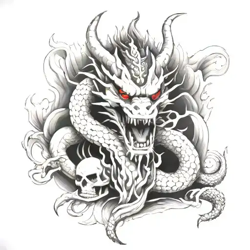 Japanese dragon sitting on a skull tattoo design idea