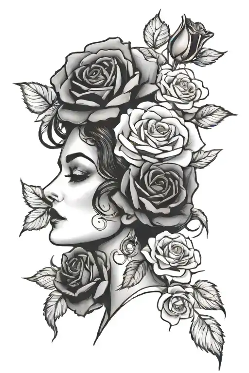 roses and woman face tattoo design idea