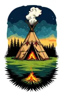 indian teepee, fire place inside, smoke coming from the top of the teepee, surrounded by wilderness tattoo design idea