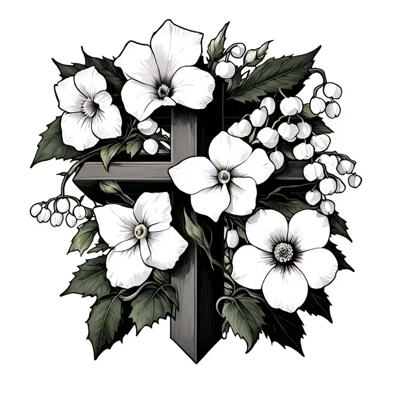 sweet pea, morning glory, daffodil, lilly of the valley, holly, daisy, narcissus, crysanthemum, and hawthorn on a cross tattoo design idea