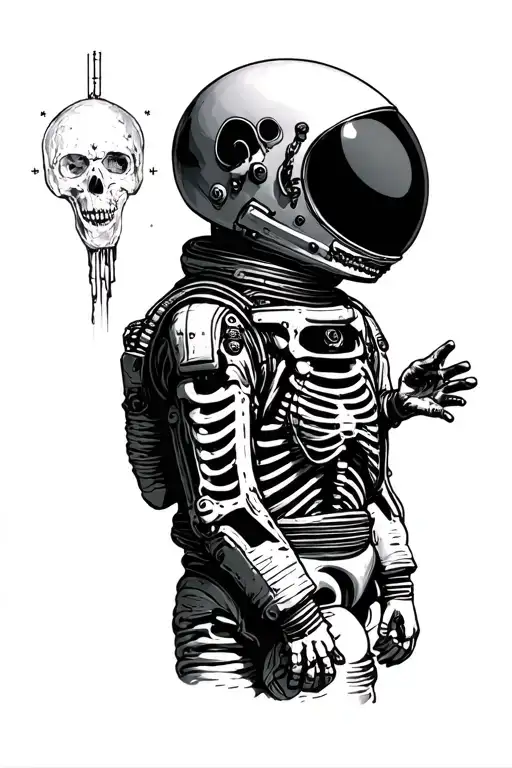 spacesuit with skeletal remains inside representing lonelyness tattoo design idea