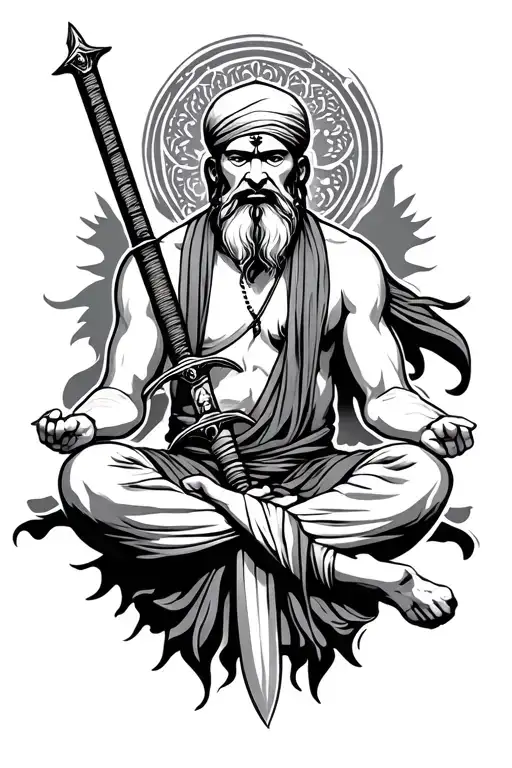 Punjabi warrior monk meditating with sword tattoo design idea