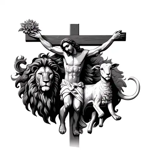 Jesus on a cross with the lamb and the lion if judah tattoo design idea