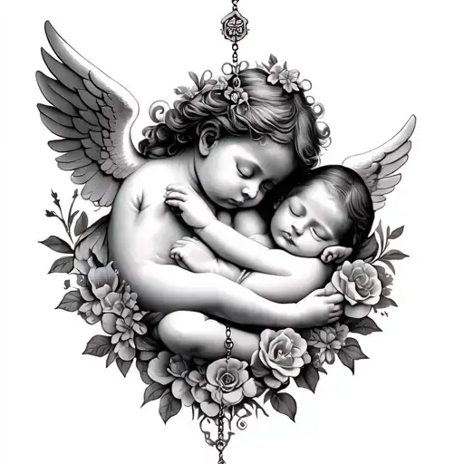 Sleeping baby cherub, floral with rosary Women long back tattoo tattoo design idea