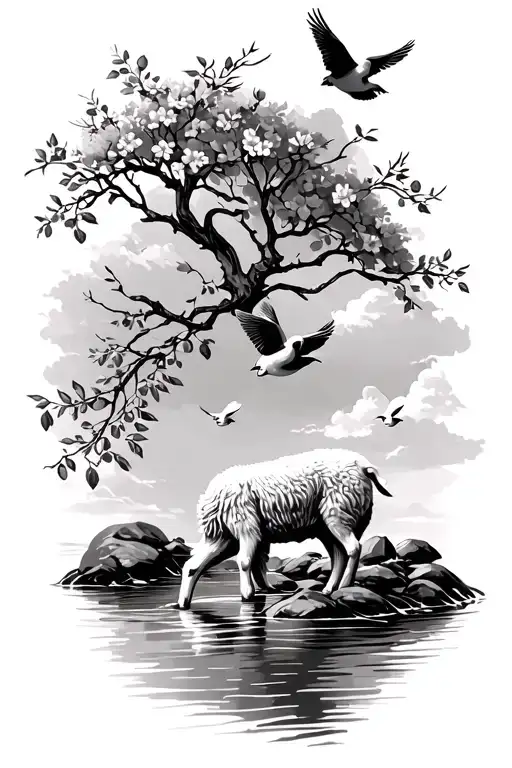 A riverbed with a lamb drinking from it, doves flying overhead carrying olive branches, and a dogwood tree in the back tattoo design idea