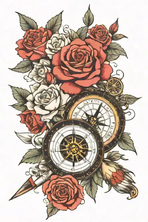 compass, hunting, and off shore fishing, roses blooming tattoo design idea
