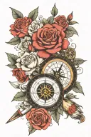 compass, hunting, and off shore fishing, roses blooming tattoo design idea