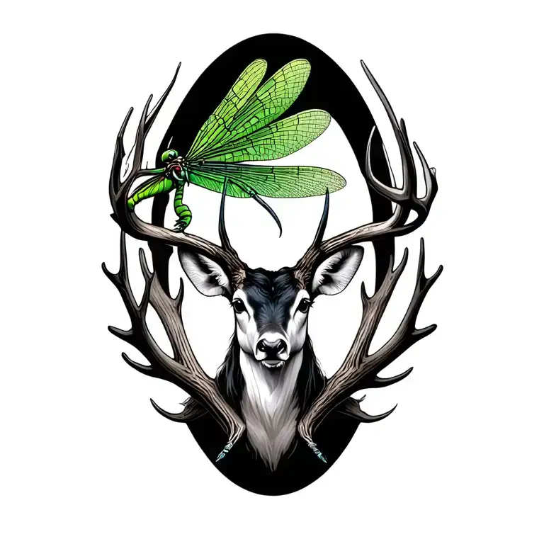 deer antlers and green dragonfly tattoo design idea