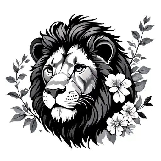 simple lion flowers vines tattoo design idea