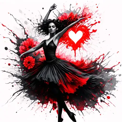 A dancer and part of her body transform into soft waves and flowers as she dances, and a glowing heart in her center  tattoo design idea