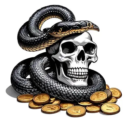 A king cobra coiled around a pirate's skull on a pile of coins tattoo design idea