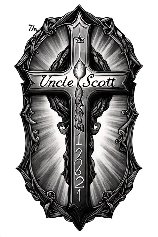 i want a cool design cross with the name uncle Scott in it and I want a death date on it but just use a placeholder  tattoo design idea