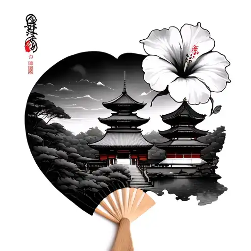 Fan with a Korean temple and the Namsan Tower (Seoul Tour), hibiscus flowers and Korean knot tattoo design idea