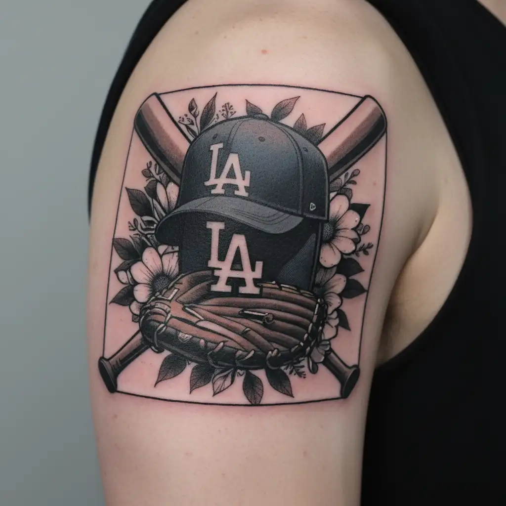 LA dodgers logo floral with baseball cap, baseball bat and baseball glove tattoo design idea