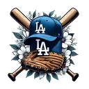 LA dodgers logo floral with baseball cap, baseball bat and baseball glove tattoo design idea