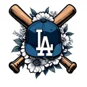 LA dodgers logo floral with baseball cap, baseball bat and baseball glove tattoo design idea