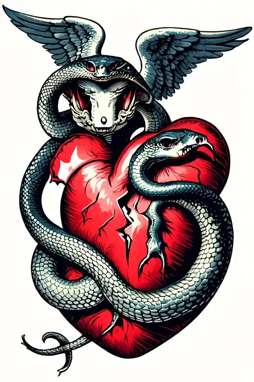 Snake Body, Angel Face, Wrapping its tail around a broken heart tattoo design idea