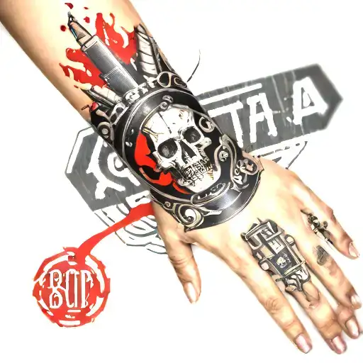 Old film strip wrapping around the hand, wrist, leading up to the forearm. Red and black coloring. Bones in the hand sho tattoo design idea