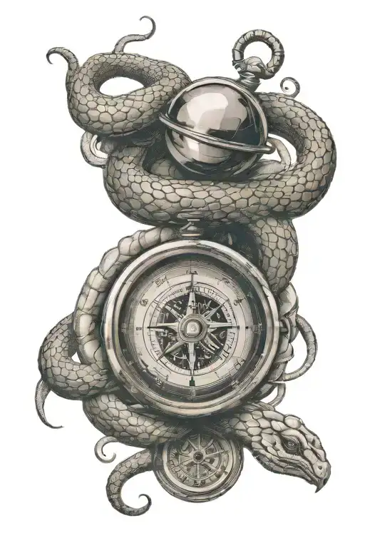 small compass with snake coiling upwards direction tattoo design idea
