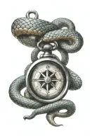 small compass with snake coiling upwards direction tattoo design idea