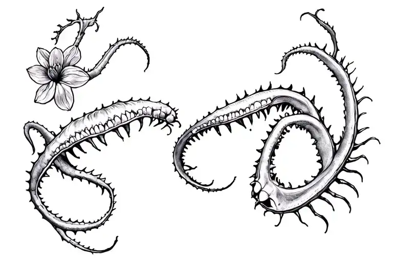 lower back tattoo with venus flytraps wrapping around the hips. a few with jaws open, and some flowering tattoo design idea