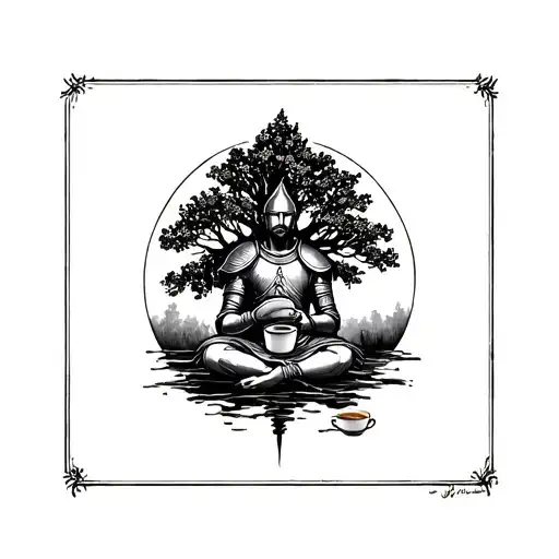 A tattoo design of a knight in solitude, meditating under a tree with a cup of espresso in hand, reflecting on the mysteries of life tattoo design idea