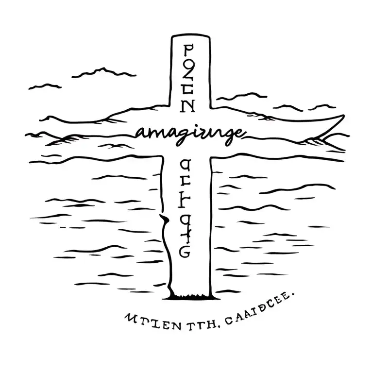 cross with words saying amazing grace with a lake behind it tattoo design idea