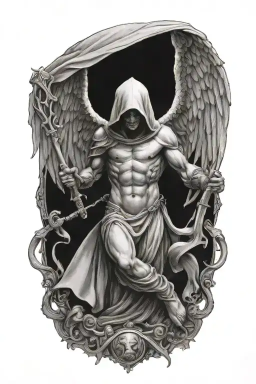 Hooded Angel killing A Demon tattoo design idea