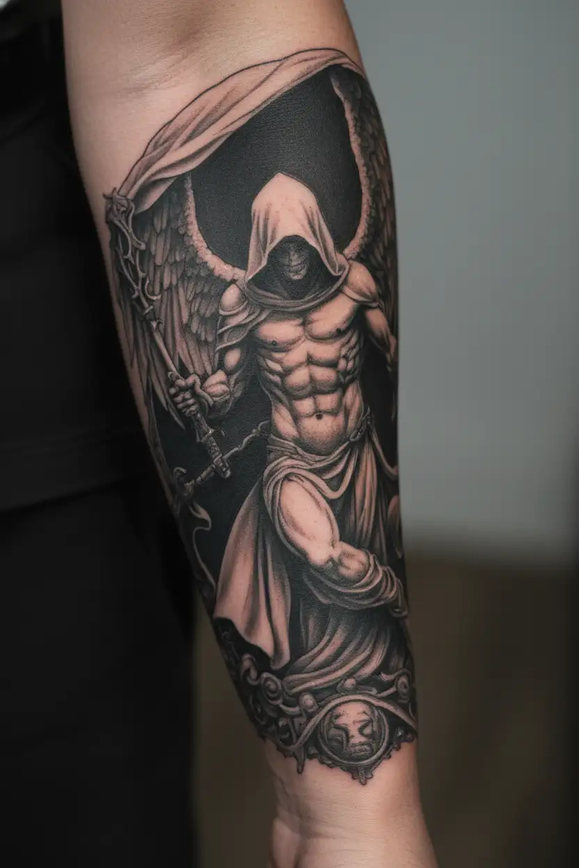 Hooded Angel killing A Demon tattoo design idea