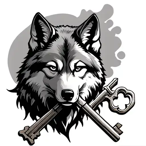 crossed keys with a wolf head tattoo design idea