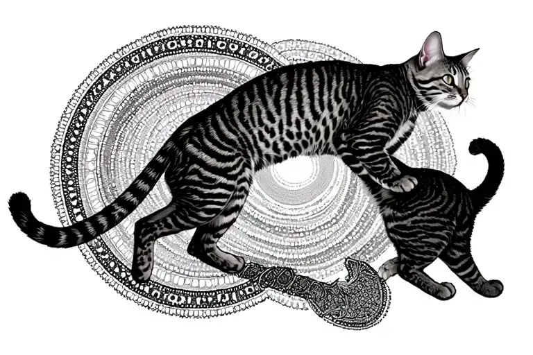 Bengal cats run around human legs creating magic circles tattoo design idea